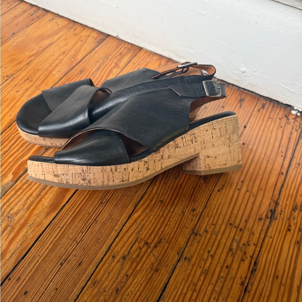 Miz Mooz Black Leather Sandals with Cork Heel
